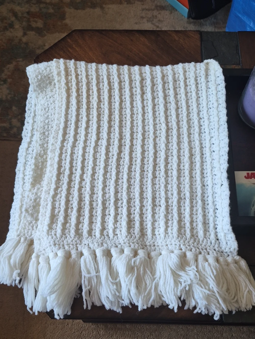 Handmade Cream Crochet Scarf with Fringe